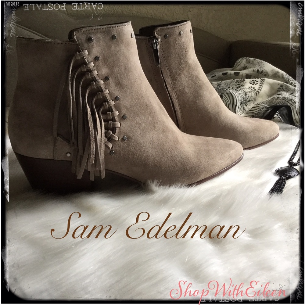 Sam Edelman Taupe Suede Leather Rivet Fringe Bootie Boot NWOB